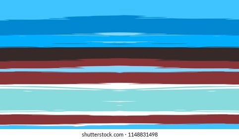 Brown, Black, Blue Vector Seamless Summer Pattern Funky Sailor Stripes. Simple Textured Horizontal Graffiti Lines, Paint Brush Male Fabric Design. Vector Watercolor Seamless Stripes Cool Background