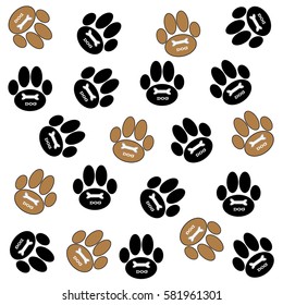 Brown and black dog paws  with bones and text on white background. Vector illustration.