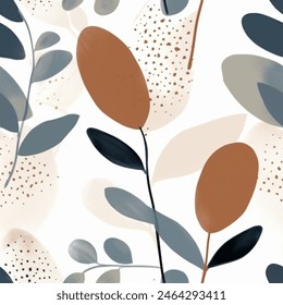 Brown Black French Blue Grey Green Red Teal Abstract Wild Flower Elegant Eucalyptus Leaf Watercolor Scandinavian Design Seamless Pattern Wallpaper Curtain Bedding Upholstery Beige Background Vector