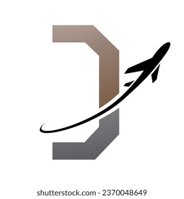 Brown and Black Futuristic Letter D Icon with an Airplane on a White Background