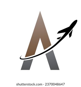 Brown and Black Futuristic Letter A Icon with an Airplane on a White Background