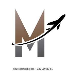 Brown and Black Futuristic Letter M Icon with an Airplane on a White Background