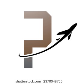 Brown and Black Futuristic Letter P Icon with an Airplane on a White Background