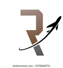 Brown and Black Futuristic Letter R Icon with an Airplane on a White Background