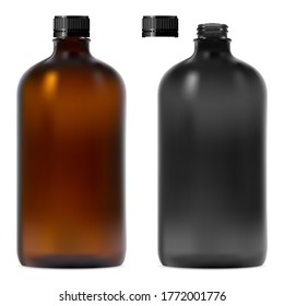 Brown and black glass bottle set. Medical syrup jar realistic vector illustration. Template of pharmaceutical cure vial with plastic screw cap. Suspension or tincture medicine container blank