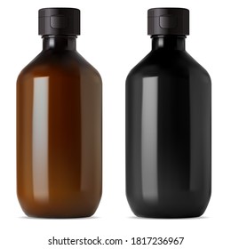Brown and black glass medical bottle. E liquid or essential oil vial mockup. 3d flask for medical syrup, organic pharmacy. Cosmetic aroma essence glossy flacon illustration, realistic serum treatment