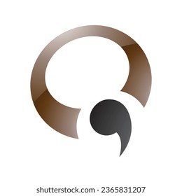 Letra comma pardo y negra brillante con forma de icono Q en un fondo blanco