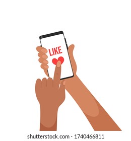 Brown or black hand hold a smartphone with like message, like button, thumb, finger touch screen, for banner, web site, colorful flat cartoon style vector illustration 
