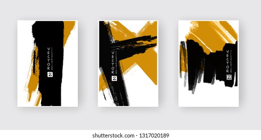Brown black ink brush stroke on white background. Japanese style. Vector illustration of grunge abstract stains