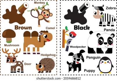 Brown. Black. Learn the color. Education set. Illustration of primary colors. Animal color illustration