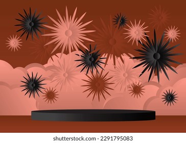 Braun, Schwarz und hellrotes Produktdisplay mit Blumen. Blumenfloralflasche-Podium. Abstrakte Feierlichkeiten Mock up Stage Showcase für die Präsentation mit minimalen geometrischen Formen.