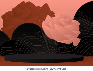 Pantalla de productos marrón, negro y rojo claro con flor. Cilindro floral podio peatonal. Resumen Celebración Mockup Stage para presentación con formas geométricas mínimas.