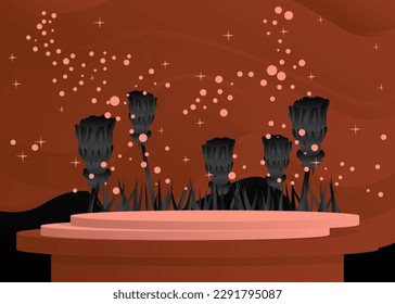 Brown, Black and Light Red product display with flower. Floral cylinder pedestal podium. Abstract Celebration Mockup Stage showcase for presentation with minimal geometric forms.
