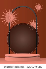 Brown, Black and Light Red product display with flower. Floral cylinder pedestal podium. Abstract Celebration Mockup Stage showcase for presentation with minimal geometric forms.