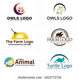 Brown black line art badge logo design horse and owl with turtle suitable for animal zoo pet shop animal lovers livestock farm