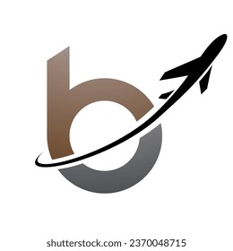 Brown and Black Lowercase Letter B Icon with an Airplane on a White Background