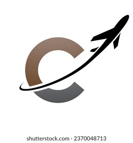 Brown and Black Lowercase Letter C Icon with an Airplane on a White Background