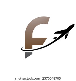 Brown and Black Lowercase Letter F Icon with an Airplane on a White Background