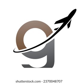 Brown and Black Lowercase Letter G Icon with an Airplane on a White Background