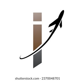 Brown and Black Lowercase Letter I Icon with an Airplane on a White Background