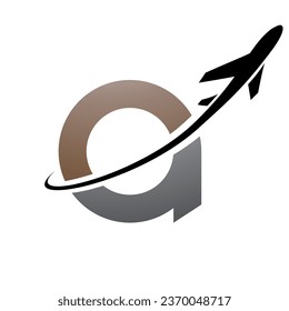Brown and Black Lowercase Letter A Icon with an Airplane on a White Background
