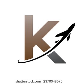 Brown and Black Lowercase Letter K Icon with an Airplane on a White Background