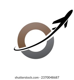 Brown and Black Lowercase Letter O Icon with an Airplane on a White Background