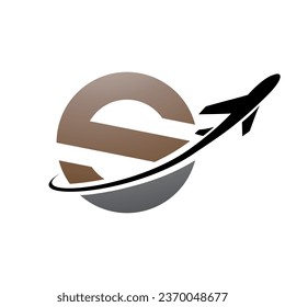 Brown and Black Lowercase Letter S Icon with an Airplane on a White Background