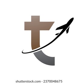 Brauner und schwarzer Kleinbuchstabe T Symbol mit einem Flugzeug auf weißem Hintergrund