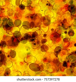 Brown, black, orange, yellow colors. Ovals, spots, ring, strokes. Bright splatter seamless texture. Abstract vector background for web page, banners backdrop, fabric, home decor, wrapping