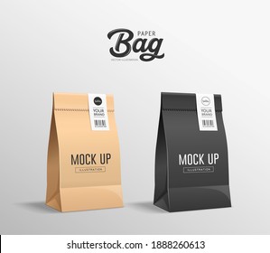 Brown and Black Paper bag folded, mouth bag there are stickers, mock up collections design, on gray background Eps 10 vector illustration