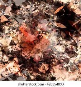 Brown, black, red. Contrast. Seamless background. Triangles and patterns of three petals. Shuffle randomly. Translucency. Overlay. Overlapping. Watercolor effect.