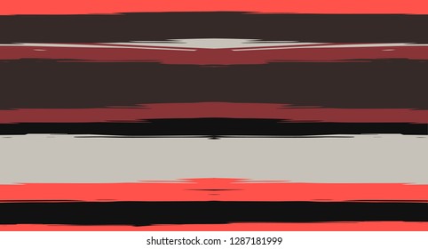 Brown, Black, Red Painted Vector Seamless Summer Pattern Sailor Stripes. Trendy Textured Horizontal Hipster Lines, Paintbrush Male Fabric Design. Vector Watercolor Seamless Stripes Nice Background