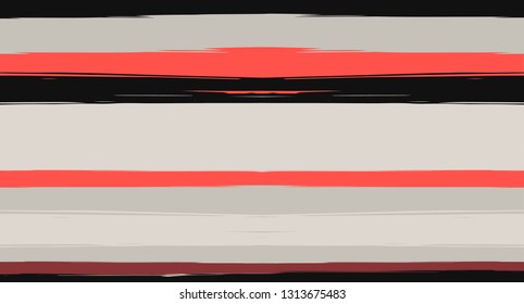 Brown, Black, Red Sailor Stripes Painted Vector Seamless Summer Pattern. Simple Textured Horizontal Modern Lines, Paintbrush Male Fabric Design. Vector Watercolor Seamless Stripes Cool Background