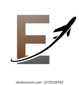 Brown and Black Uppercase Letter E Icon with an Airplane on a White Background
