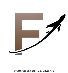 Brown and Black Uppercase Letter F Icon with an Airplane on a White Background