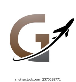 Brown and Black Uppercase Letter G Icon with an Airplane on a White Background