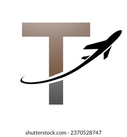 Brown and Black Uppercase Letter T Icon with an Airplane on a White Background