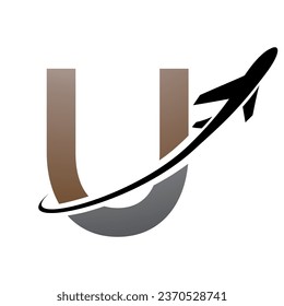Brown and Black Uppercase Letter U Icon with an Airplane on a White Background