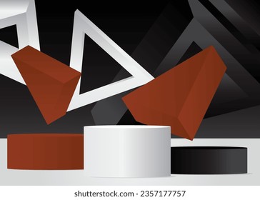 Brown, black and white mockup product display. Minimal geometric forms. Vector cylinder pedestal podium. Stage showcase scene for presentation.