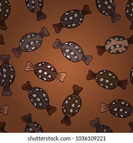 Brown, black and white version. Cute and colorful candy sweet seamless pattern on brown, black and white background. Isolated. Vector illustration.