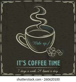 Brown blackboard with a cup of hot coffee and text, vector