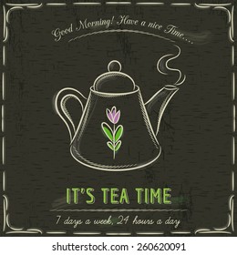 Brown blackboard with a teapot and text, vector illustration