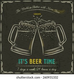 Brown blackboard with two cold mugs of beer and text, vector