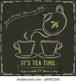 Brown blackboard with  two cup of hot tea and teapot, vector