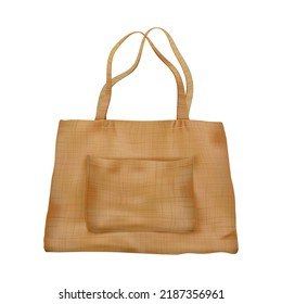 Brown blank mockup of canvas tote bag with cloth texture isolated from background. Eco friendly shopper. Zero waste illustration. Vector template. Fabric shopping sack. Totebag with handles and pocket