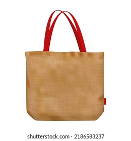 Brown blank mockup of tote bag with cotton texture isolated from background. Eco friendly shopper. Zero waste illustration. Vector advertising template. Fabric shopping sack. Totebag with red handles