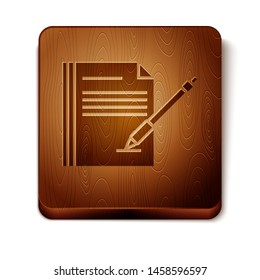 Brown Blank notebook and pen icon isolated on white background. Paper and pen. Wooden square button. Vector Illustration