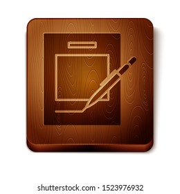 Brown Blank notebook and pen icon isolated on white background. Paper and pen. Wooden square button. Vector Illustration