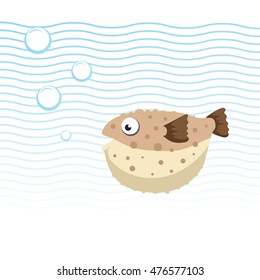 Brown blowfish cartoon character swimming underwater. Bubbles and waves. Trendy cartoon style vector illustration.